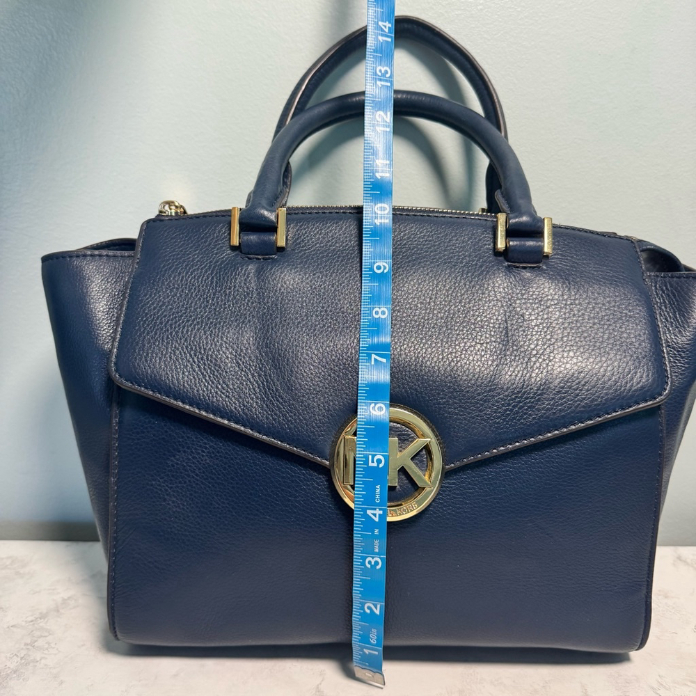 Women's Michael Kors Leather Large Hudson Satchel Tote Navy Blue Gold Logo - Picture 12 of 16